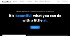 Website screenshot Beautiful.ai Presentation Tool, AI-assisted design, Professional Presentations, Collaboration Features, Pricing Options