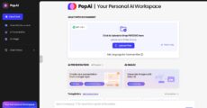 PopAi user interface with document analysis, AI content generation, and research functionalities.
