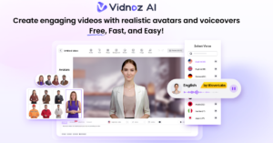 Vidnoz AI Video Generator interface showing AI avatars and video editing tools