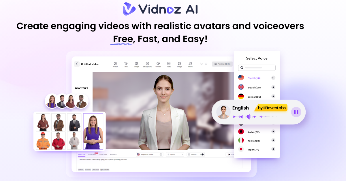 Vidnoz AI Video Generator interface showing AI avatars and video editing tools